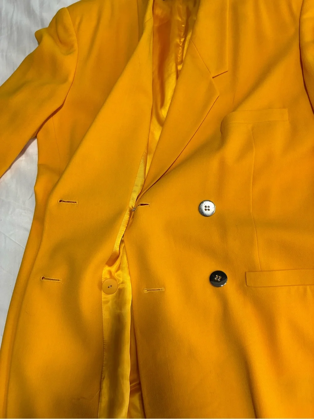 VTG 90s Ellen Tracy 12 Bright YL 💯 Wool Double-Breasted Blazer Silver Buttons